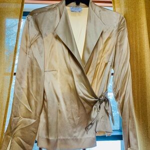 David Warren Petites New York Beige tan colored wrap style blouse